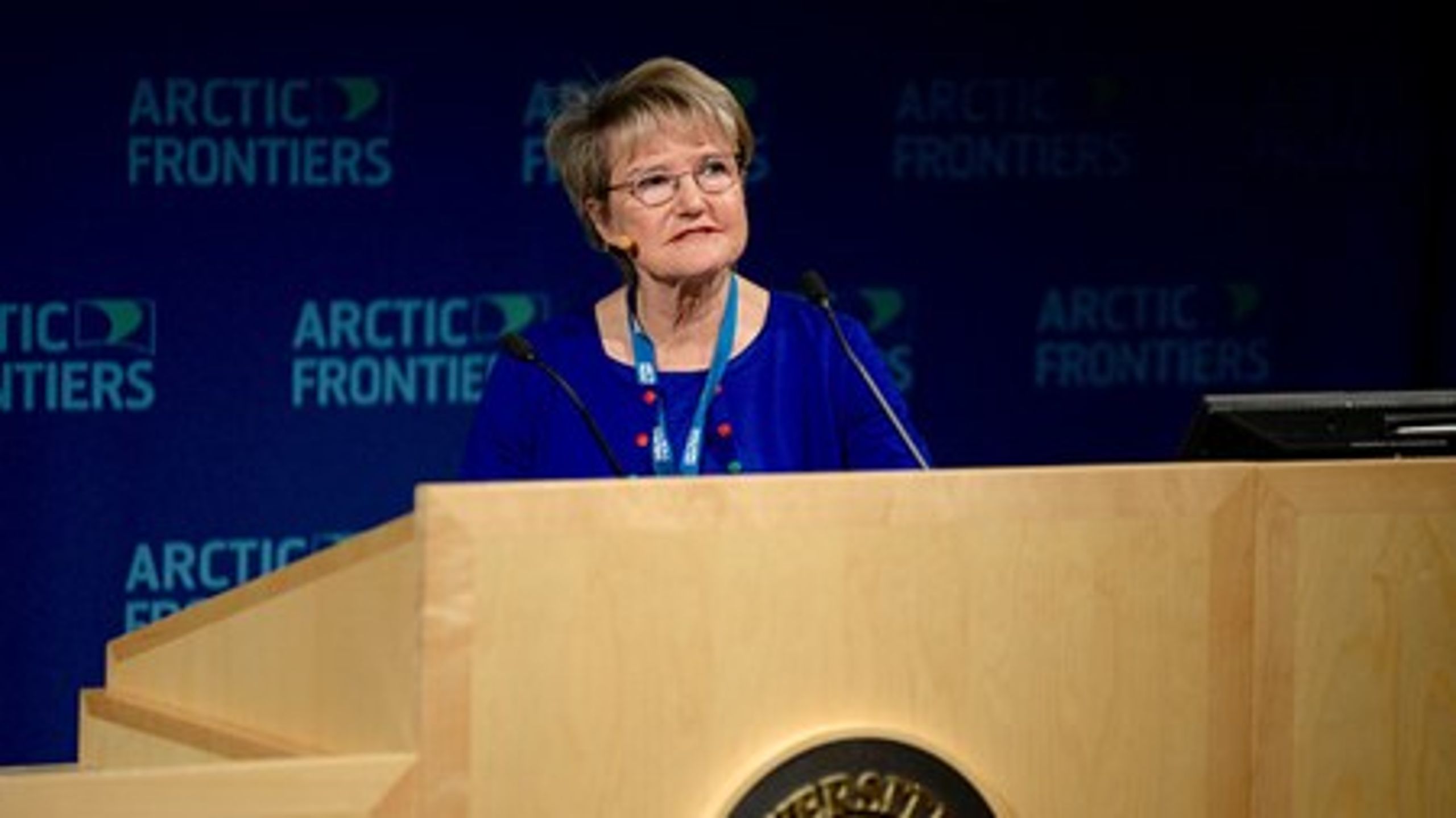 Framtidsminister Kristina Persson (S) vid konferensen Arctic Frontiers i Tromsö där hon presenterade regeringens nya inriktning för miljöpolitiken i Arktis.