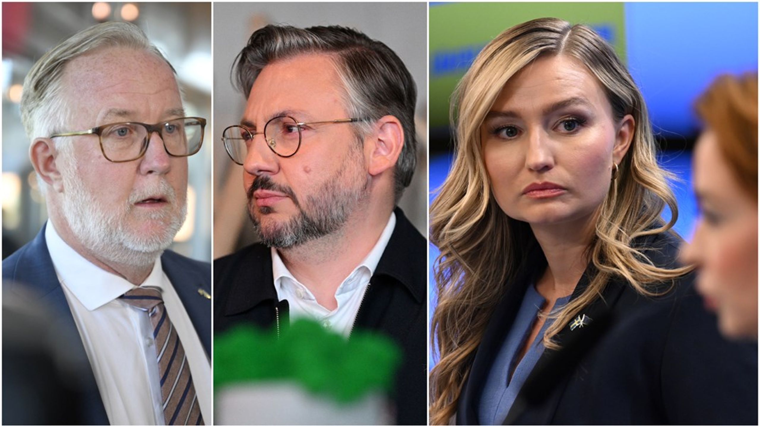 Liberalernas partiledare Johan Pehrson, Centerpartiets Muharrem Demirok och Kristdemokraternas Ebba Busch riskerar alla att se sitt parti åka ur EU-parlamentet efter söndagens val.