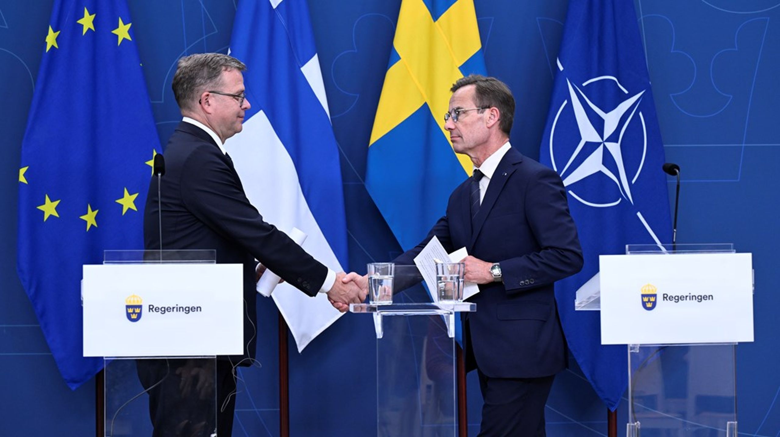 Finlands statsminister Petteri Orpo och Sveriges statsminister Ulf Kristersson höll gemensam presskonferens.<br>